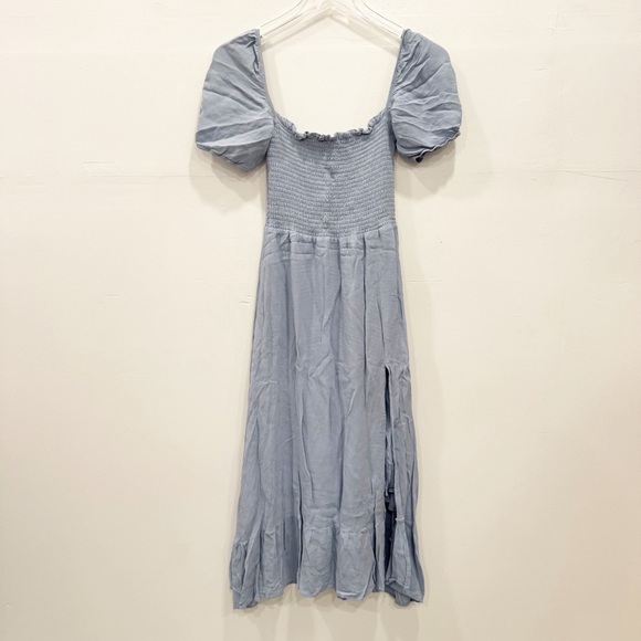 Reformation Meadow Midi Dress in Mineral Blue Small Front Slit Puff Short Sleeve - Picture 1 of 9